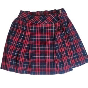 Plaid School Uniform Skirt Womens 10 Navy Red‎ Pleated Kilt Double Buckle Tartan